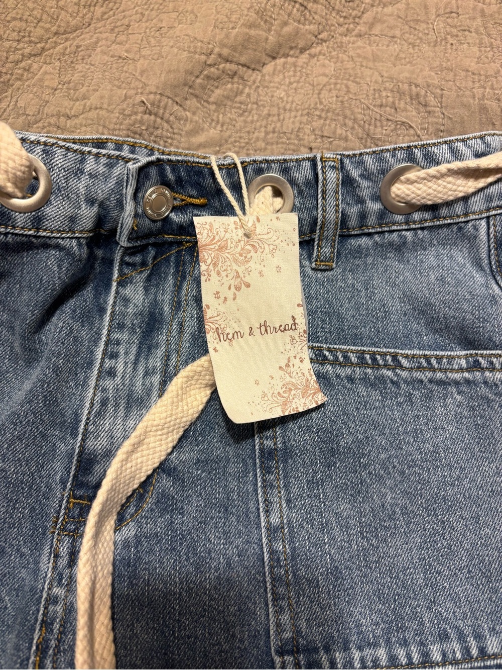 Hem & Thread Light Blue Denim Shorts with Cream Drawstring